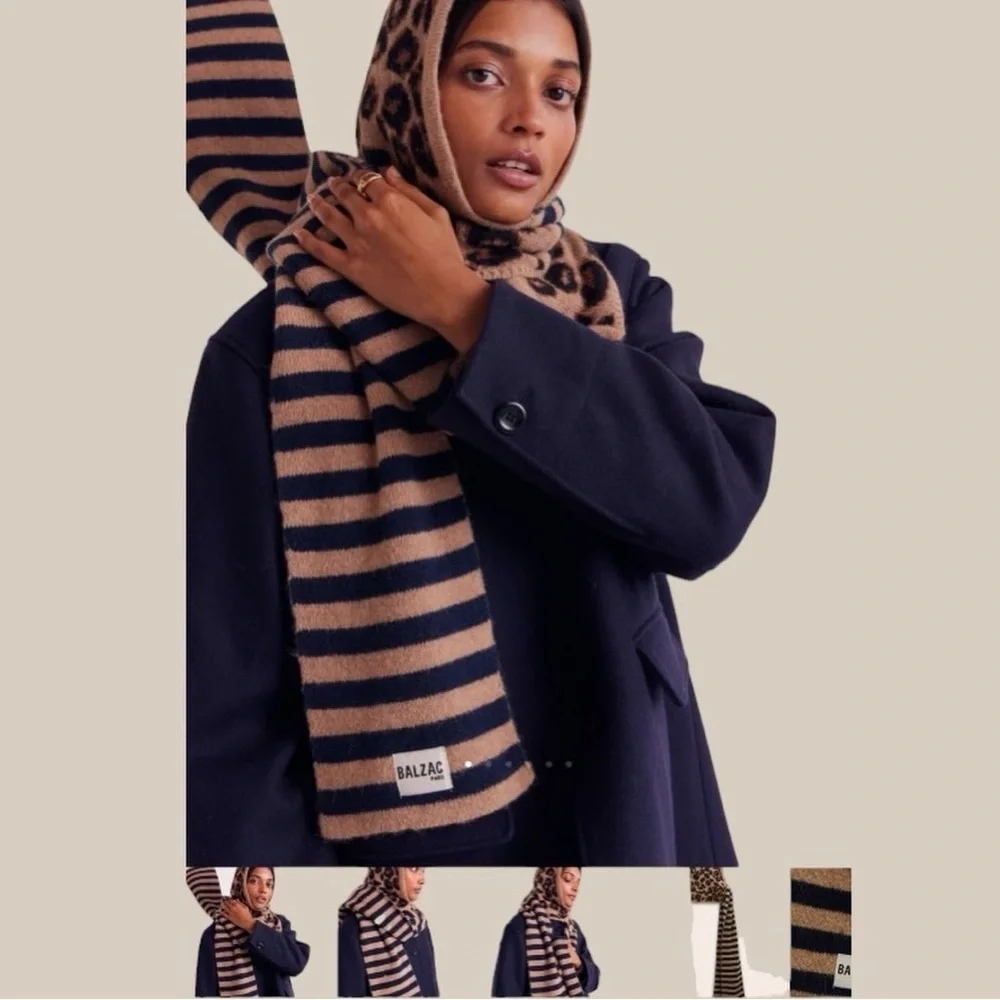 Balzac Paris Alpaca Blend Leopard Hooded Scarf in Navy and Cream